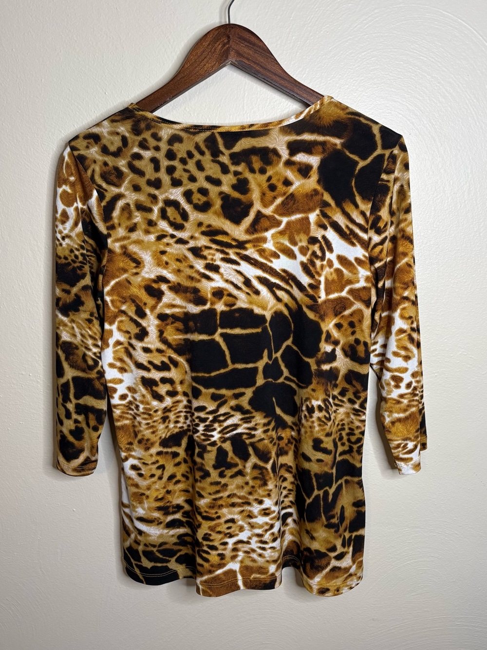 Susan Graver Animal Print Top Small Brown Black 3/4 Sleeve Stretch Knit QVC Chic - Picture 7 of 12
